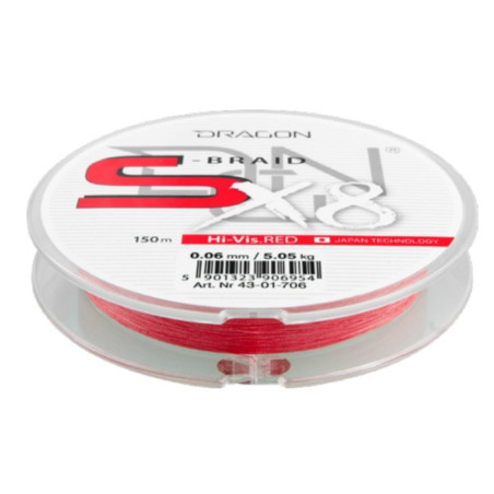 Plecionka Dragon S-BRAID X8 hi-vis red 150m / 0,08mm